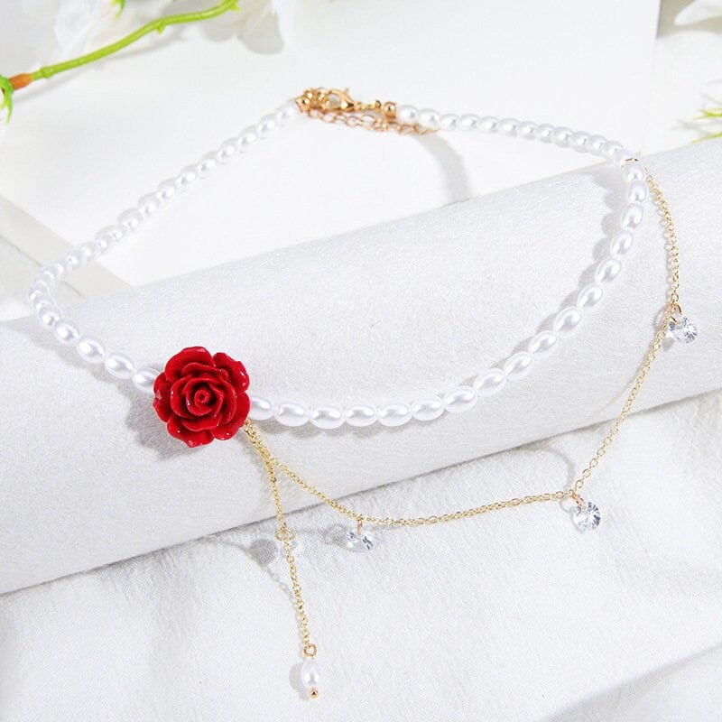 Chic Layered Rhinestone Tassel Rose Pearl Chain Choker Necklace - ArtGalleryZen