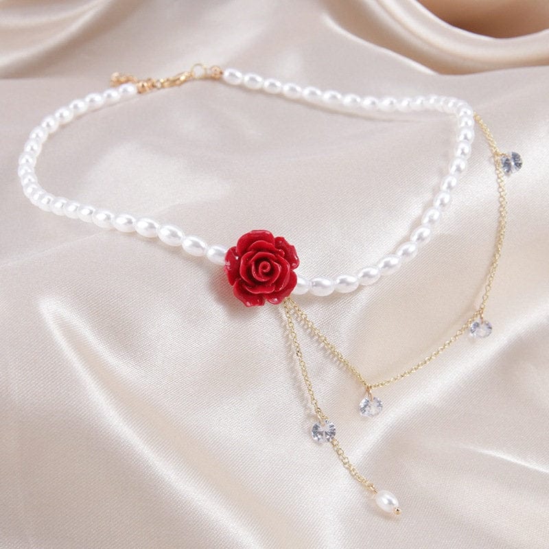 Chic Layered Rhinestone Tassel Rose Pearl Chain Choker Necklace - ArtGalleryZen