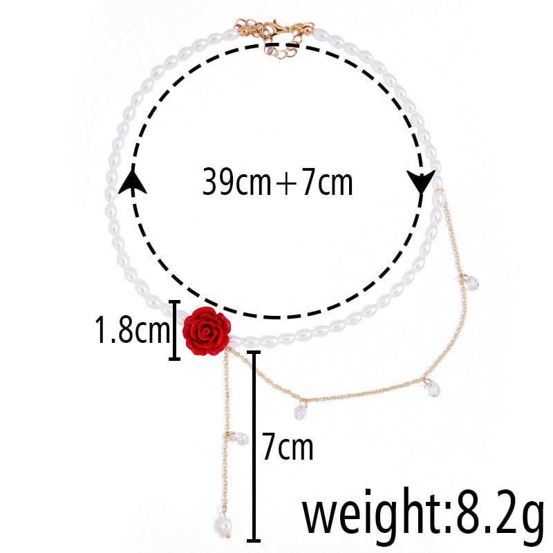 Chic Layered Rhinestone Tassel Rose Pearl Chain Choker Necklace - ArtGalleryZen