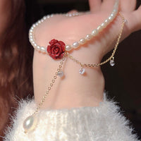 Thumbnail for Chic Layered Rhinestone Tassel Rose Pearl Chain Choker Necklace - ArtGalleryZen