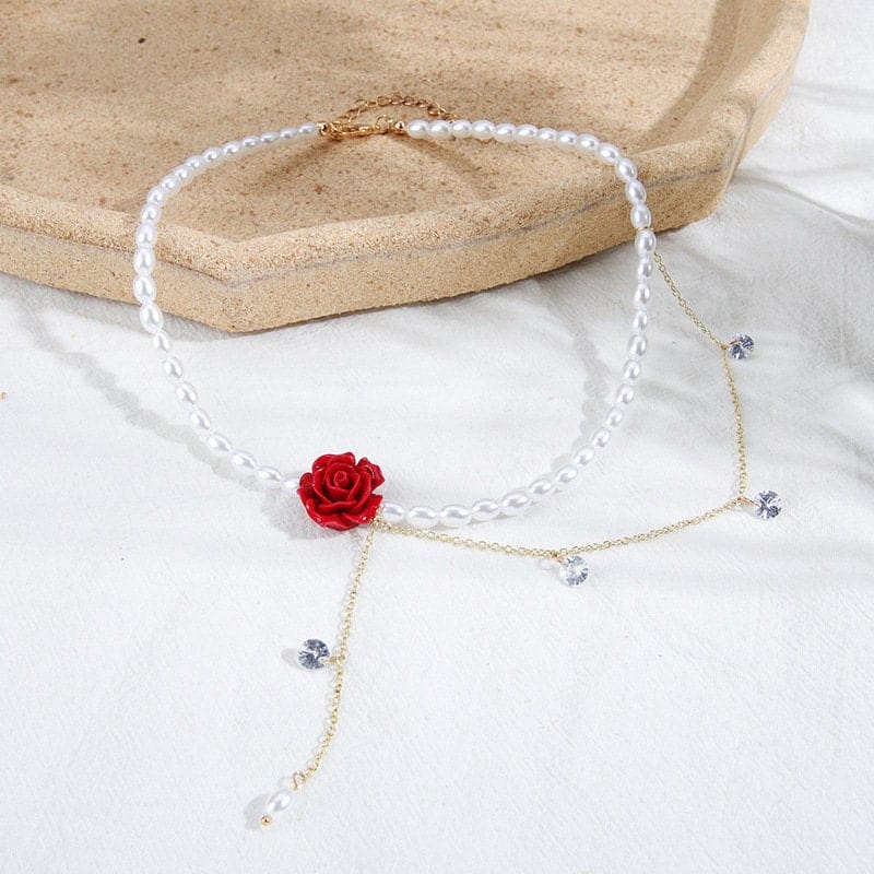 Chic Layered Rhinestone Tassel Rose Pearl Chain Choker Necklace - ArtGalleryZen