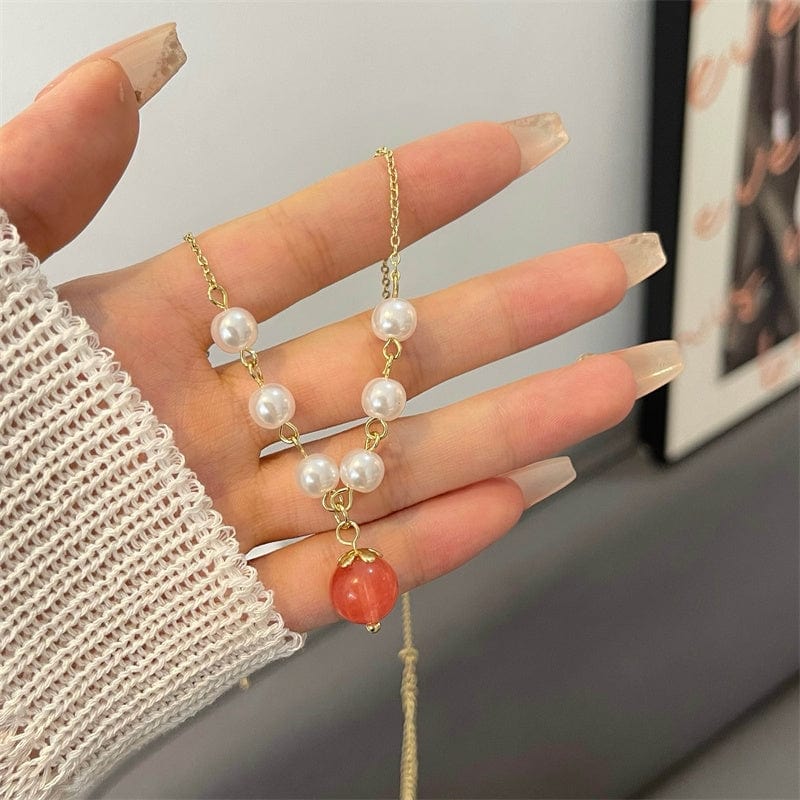 Chic Natural Stone Peach Pendant Pearl Chain Necklace - ArtGalleryZen