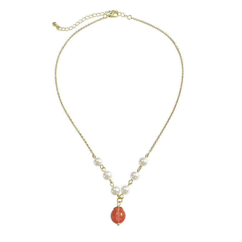 Chic Natural Stone Peach Pendant Pearl Chain Necklace - ArtGalleryZen