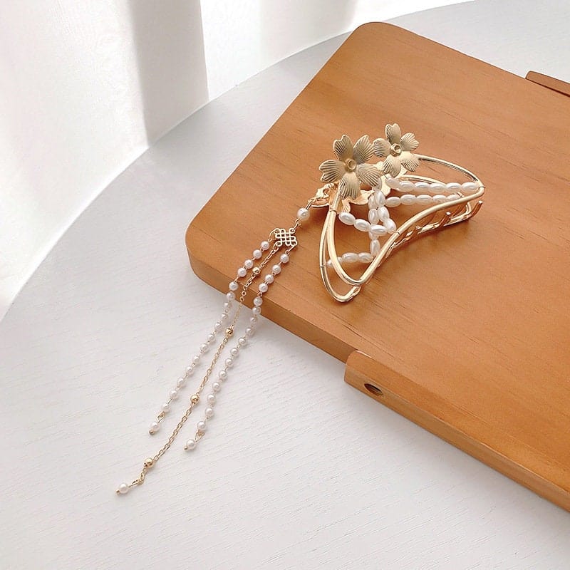 Chic Pearl Chain Tassel Butterfly Chignon Claw Clip Hair Clip - ArtGalleryZen