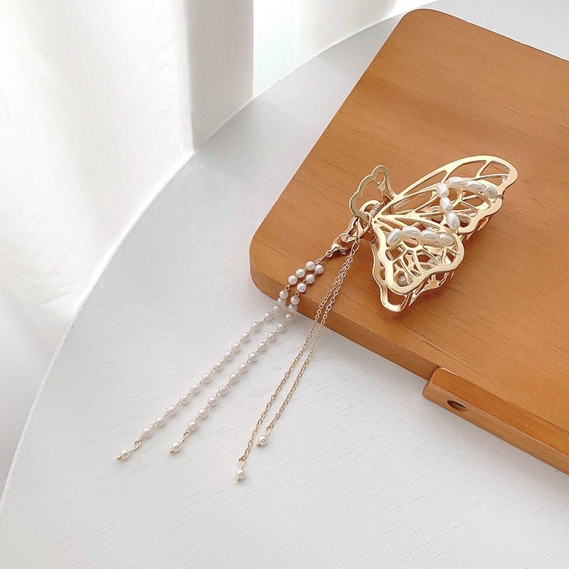 Chic Pearl Chain Tassel Butterfly Chignon Claw Clip Hair Clip - ArtGalleryZen