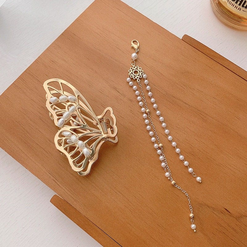 Chic Pearl Chain Tassel Butterfly Chignon Claw Clip Hair Clip - ArtGalleryZen