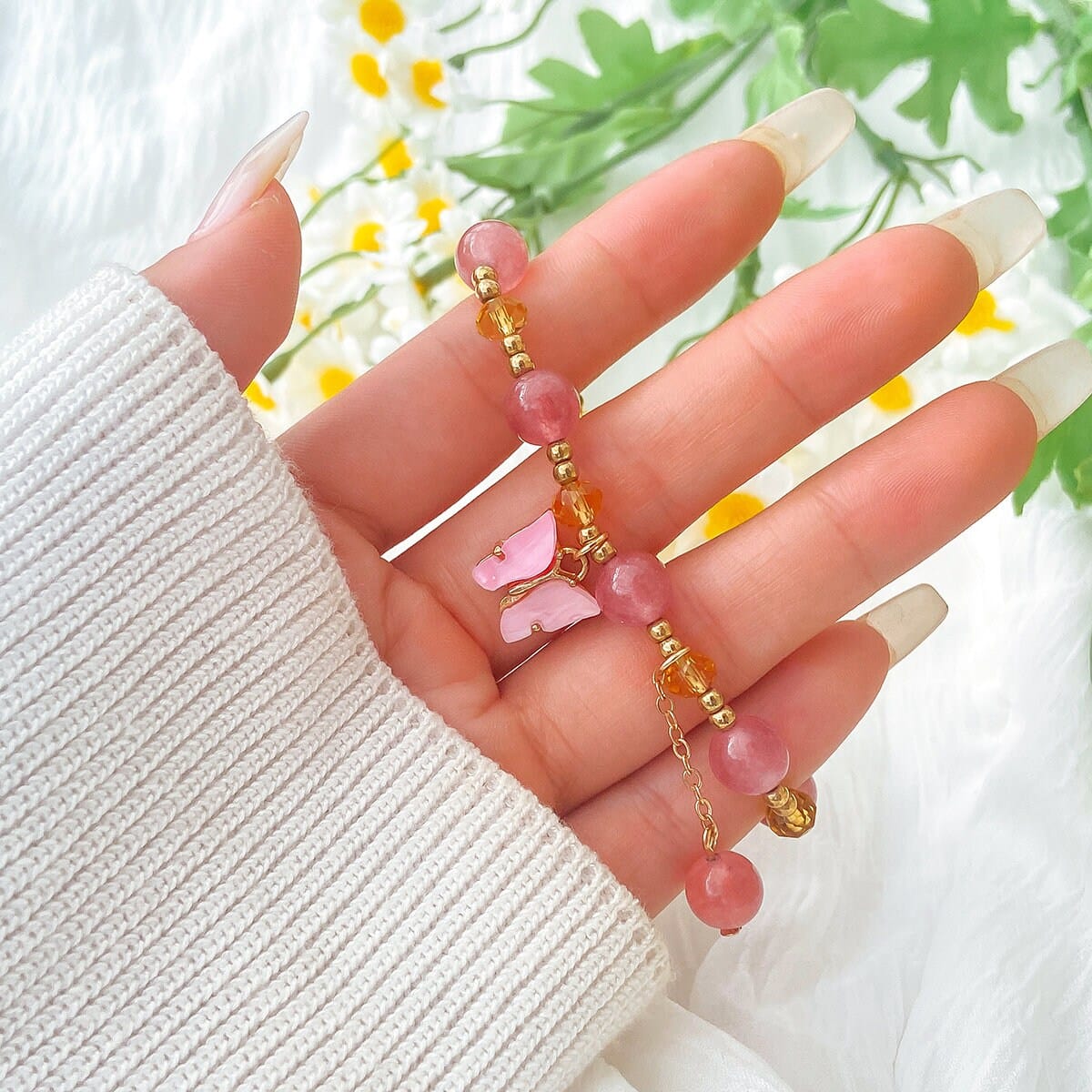 Pink Beaded Gold Chain Bracelet