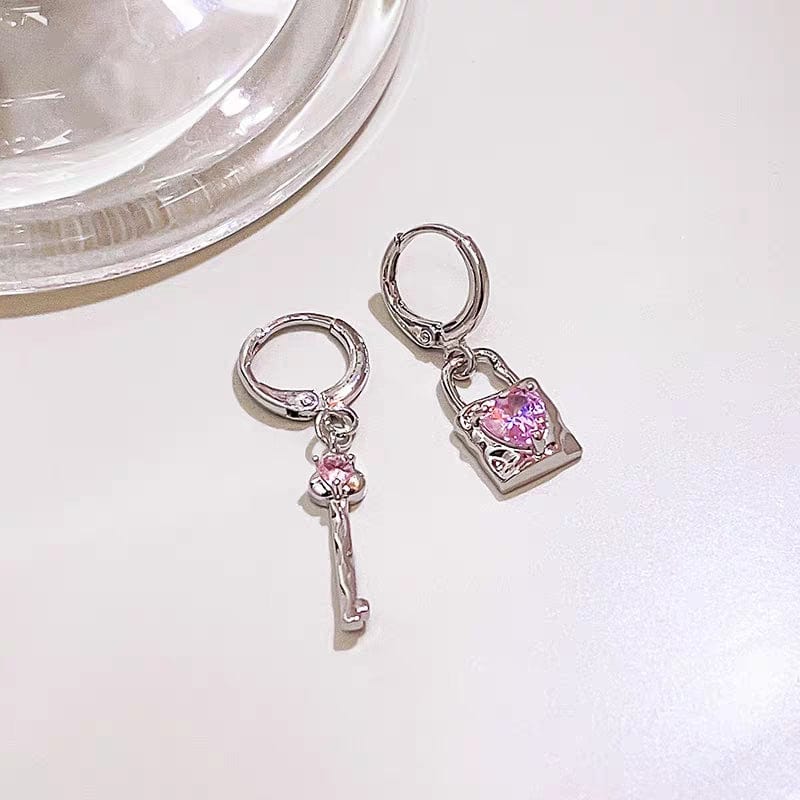 Chic Pink Crystal Heart Dangling Key Lock Huggie Hoop Earrings - ArtGalleryZen