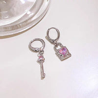 Thumbnail for Chic Pink Crystal Heart Dangling Key Lock Huggie Hoop Earrings - ArtGalleryZen