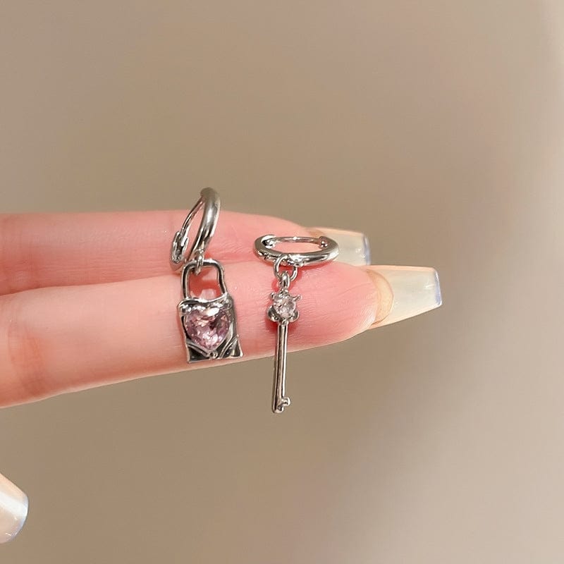Chic Pink Crystal Heart Dangling Key Lock Huggie Hoop Earrings - ArtGalleryZen