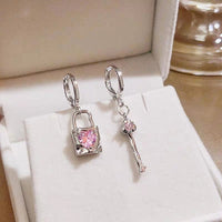 Thumbnail for Chic Pink Crystal Heart Dangling Key Lock Huggie Hoop Earrings - ArtGalleryZen