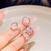 Thumbnail for Chic Pink Crystal Heart Dangling Key Lock Huggie Hoop Earrings - ArtGalleryZen
