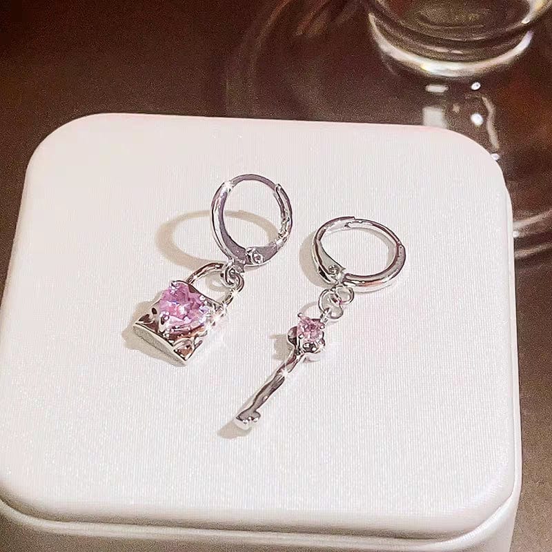Chic Pink Crystal Heart Dangling Key Lock Huggie Hoop Earrings - ArtGalleryZen