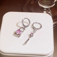 Thumbnail for Chic Pink Crystal Heart Dangling Key Lock Huggie Hoop Earrings - ArtGalleryZen