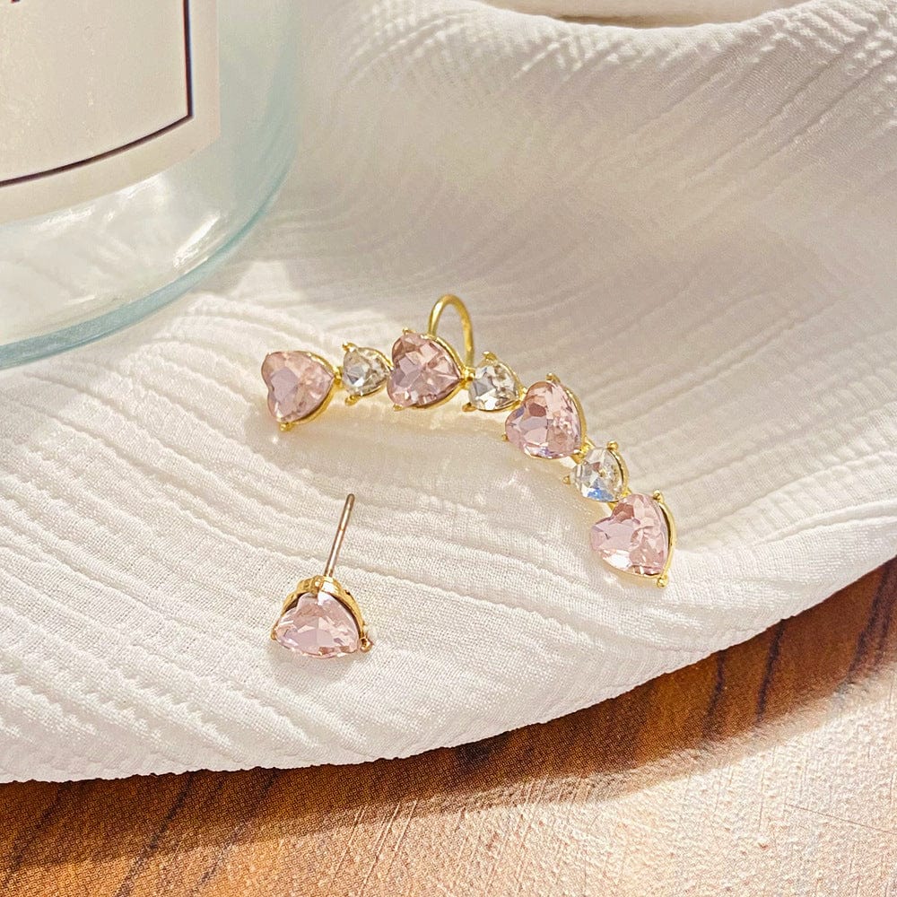Chic Pink Crystal Heart Ear Wrap Stud Earrings - ArtGalleryZen