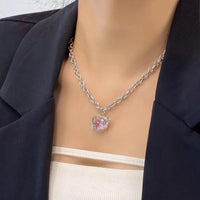Thumbnail for Chic Pink Rhinestone Heart Pendant Cable Chain Necklace - ArtGalleryZen