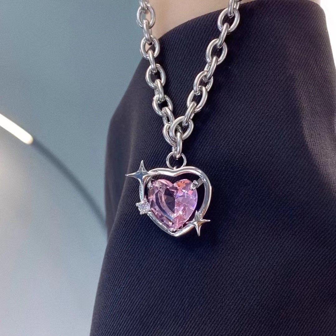 Chic Pink Rhinestone Heart Pendant Cable Chain Necklace - ArtGalleryZen