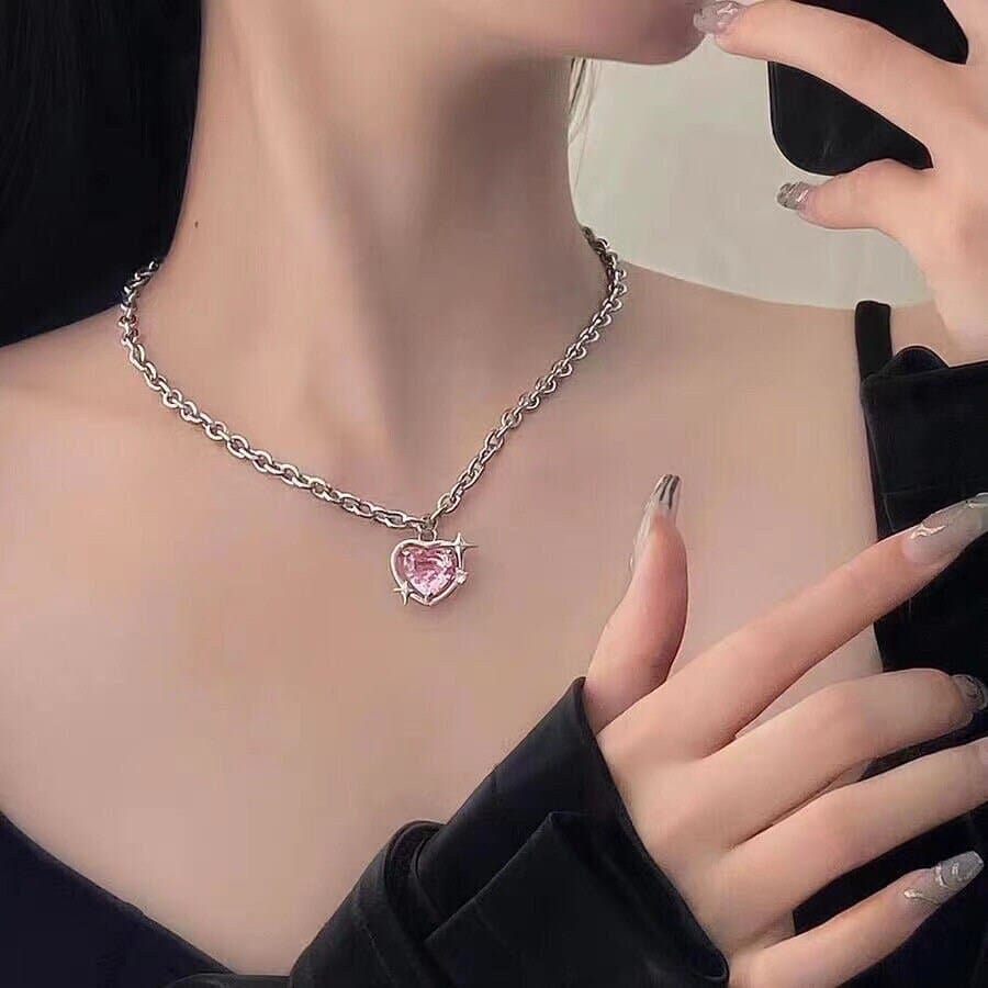 Chic Pink Rhinestone Heart Pendant Cable Chain Necklace - ArtGalleryZen