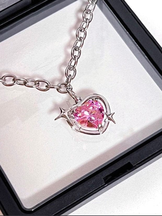 Chic Pink Rhinestone Heart Pendant Cable Chain Necklace - ArtGalleryZen