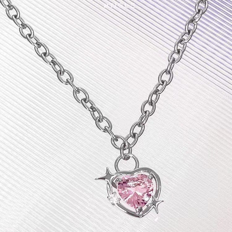 Chic Pink Rhinestone Heart Pendant Cable Chain Necklace - ArtGalleryZen