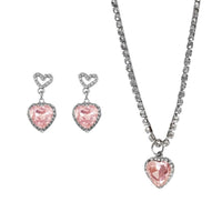 Thumbnail for Chic Pink Rhinestone Heart Pendant Cubic Zirconia Chain Necklace Dangle Earrings Set - ArtGalleryZen