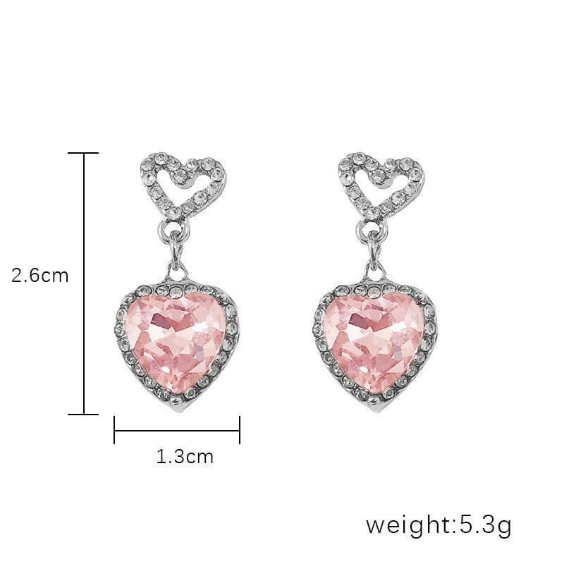 Chic Pink Rhinestone Heart Pendant Cubic Zirconia Chain Necklace Dangle Earrings Set - ArtGalleryZen