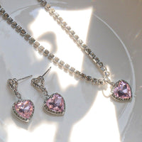 Thumbnail for Chic Pink Rhinestone Heart Pendant Cubic Zirconia Chain Necklace Dangle Earrings Set - ArtGalleryZen