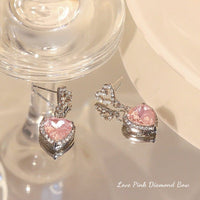 Thumbnail for Chic Pink Rhinestone Heart Pendant Cubic Zirconia Chain Necklace Dangle Earrings Set - ArtGalleryZen
