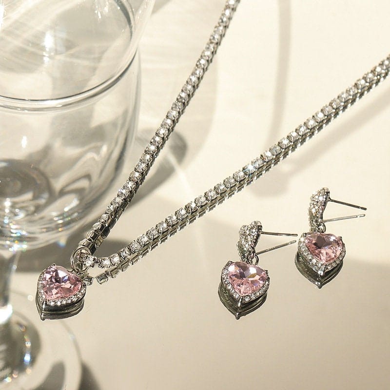 Chic Pink Rhinestone Heart Pendant Cubic Zirconia Chain Necklace Dangle Earrings Set - ArtGalleryZen