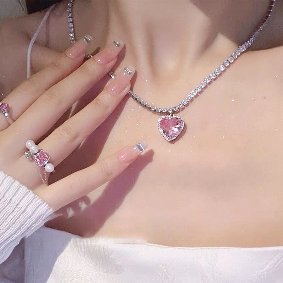 ArtGalleryZen Chic Pink Rhinestone Heart Pendant Cubic Zirconia Chain Necklace Dangle Earrings Set - Earrings