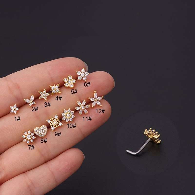 Chic Stainless Steel CZ Inlaid Floral Butterfly Heart Star Nose Piercing Nose Stud - ArtGalleryZen
