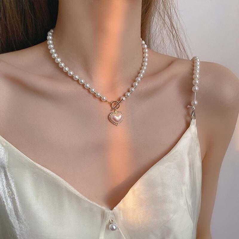 Chic Toggle Clasp Heart Pendant Pearl Chain Choker Necklace - ArtGalleryZen