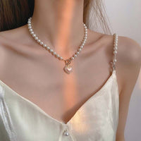 Thumbnail for Chic Toggle Clasp Heart Pendant Pearl Chain Choker Necklace - ArtGalleryZen