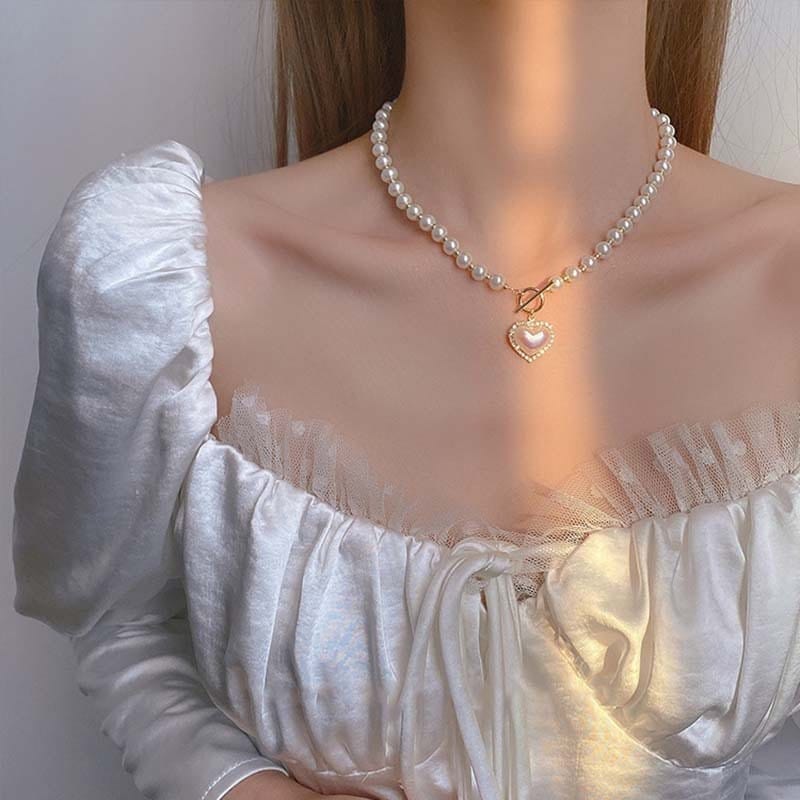 Chic Toggle Clasp Heart Pendant Pearl Chain Choker Necklace - ArtGalleryZen