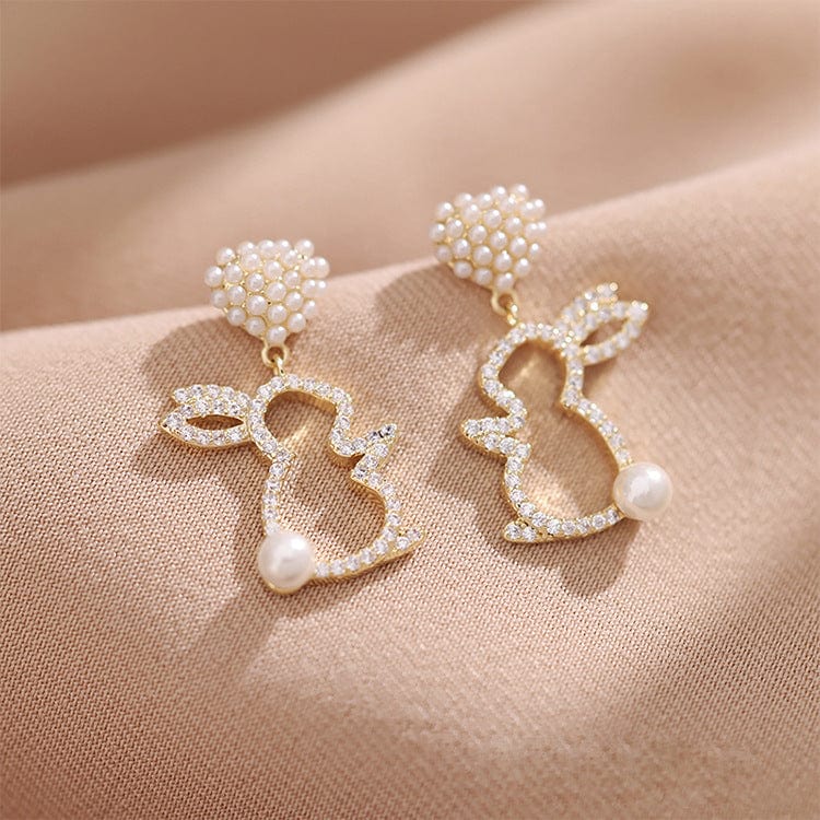 Cute CZ Inlaid Dangling Pearl Heart Rabbit Earrings - ArtGalleryZen