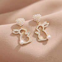 Thumbnail for Cute CZ Inlaid Dangling Pearl Heart Rabbit Earrings - ArtGalleryZen