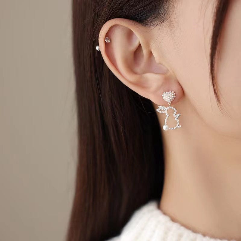 Cute CZ Inlaid Dangling Pearl Heart Rabbit Earrings - ArtGalleryZen