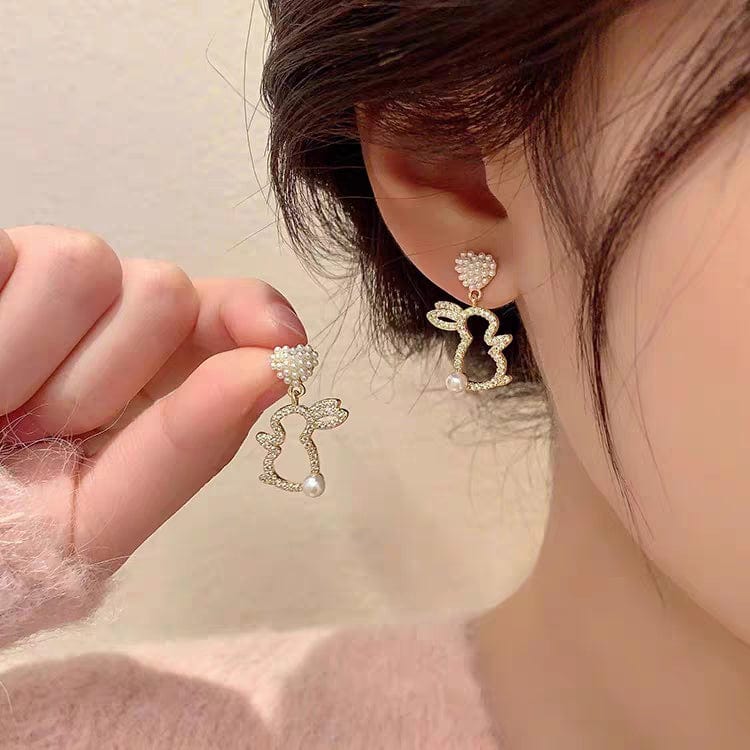 Cute CZ Inlaid Dangling Pearl Heart Rabbit Earrings - ArtGalleryZen