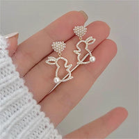 Thumbnail for Cute CZ Inlaid Dangling Pearl Heart Rabbit Earrings - ArtGalleryZen