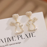 Thumbnail for Cute CZ Inlaid Dangling Pearl Heart Rabbit Earrings - ArtGalleryZen