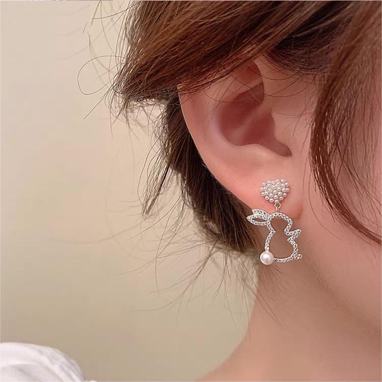 Cute CZ Inlaid Dangling Pearl Heart Rabbit Earrings - ArtGalleryZen