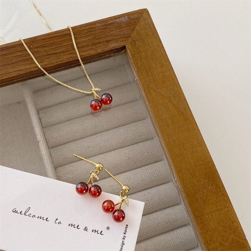 Dainty 18K Gold Filled CZ Inlaid Crystal Cherry Pendant Necklace Earrings Set - ArtGalleryZen