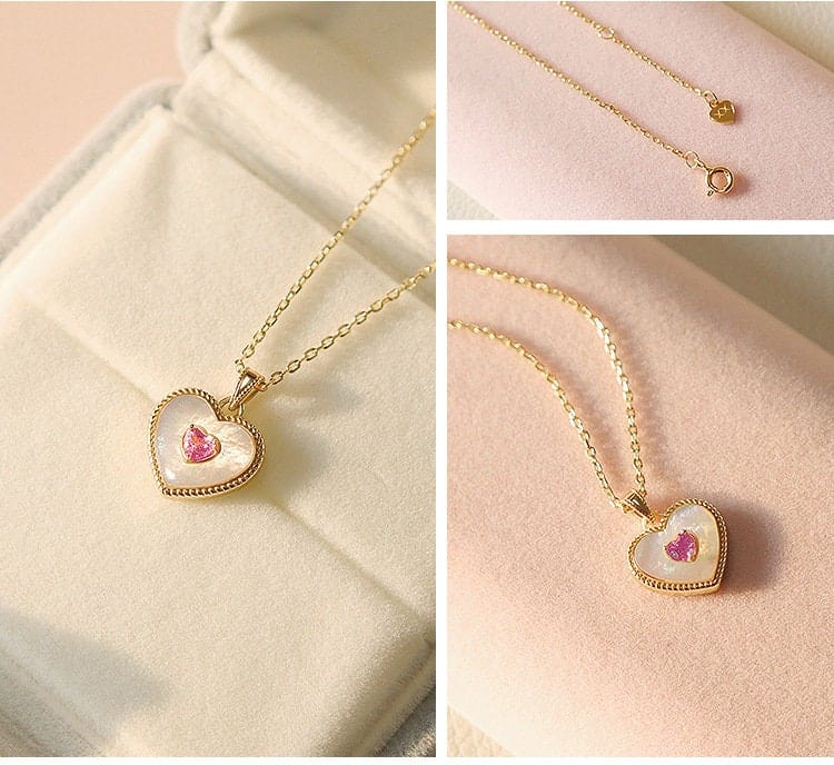 Dainty 18K Gold Filled Rhinestone Inlaid Natural Shell Heart Pendant Necklace - ArtGalleryZen