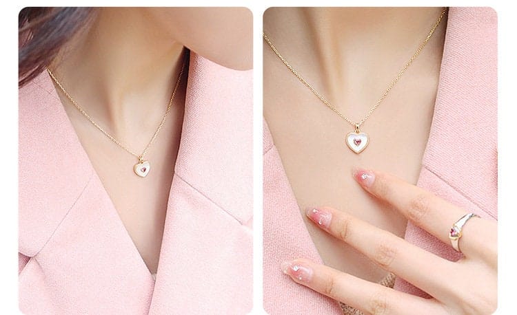 Dainty 18K Gold Filled Rhinestone Inlaid Natural Shell Heart Pendant Necklace - ArtGalleryZen