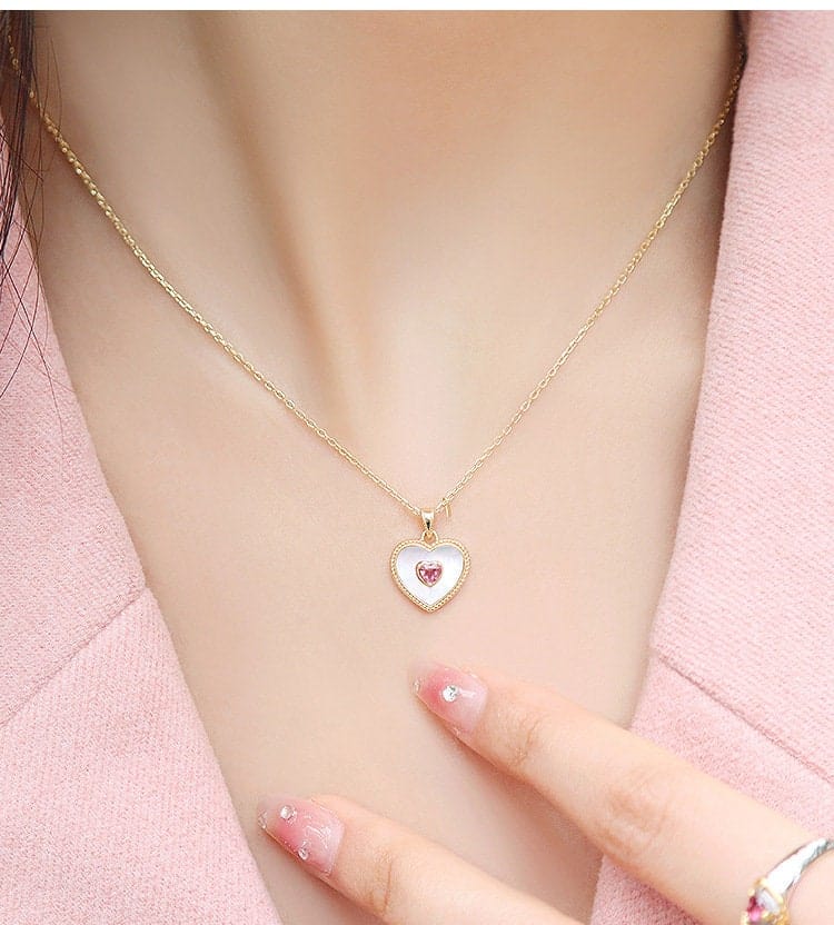 Dainty 18K Gold Filled Rhinestone Inlaid Natural Shell Heart Pendant Necklace - ArtGalleryZen