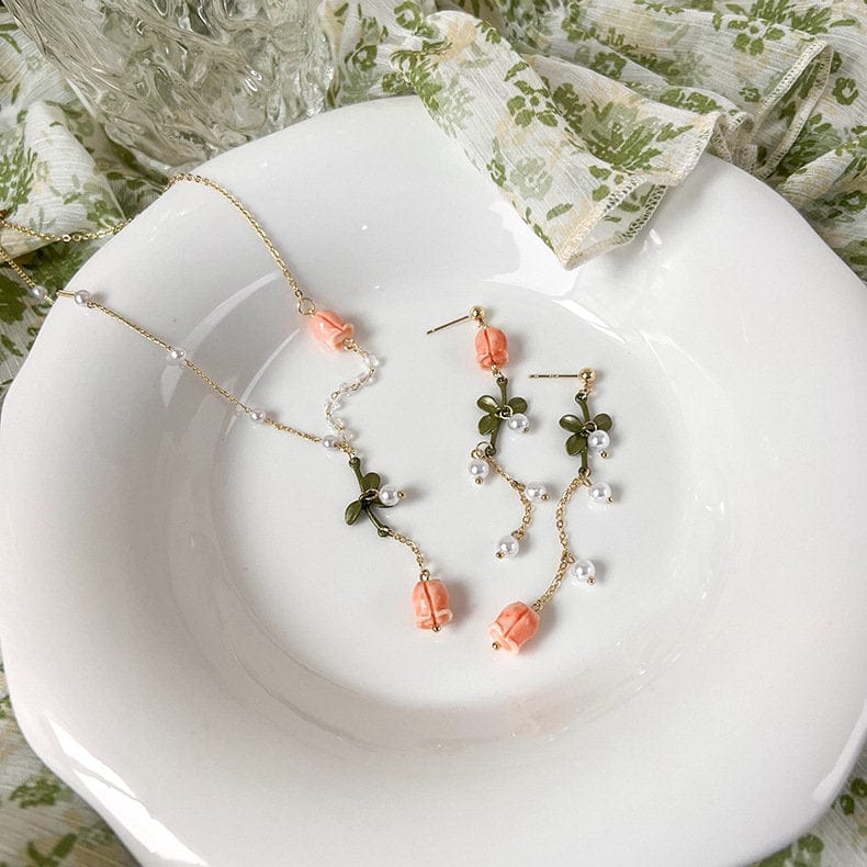 Dainty 24K Gold Filled Pink Tulip Crystal Pearl Chain Necklace Earrings Set - ArtGalleryZen