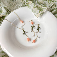 Thumbnail for Dainty 24K Gold Filled Pink Tulip Crystal Pearl Chain Necklace Earrings Set - ArtGalleryZen