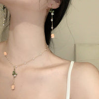 Thumbnail for Dainty 24K Gold Filled Pink Tulip Crystal Pearl Chain Necklace Earrings Set - ArtGalleryZen