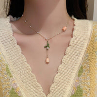 Thumbnail for Dainty 24K Gold Filled Pink Tulip Crystal Pearl Chain Necklace Earrings Set - ArtGalleryZen