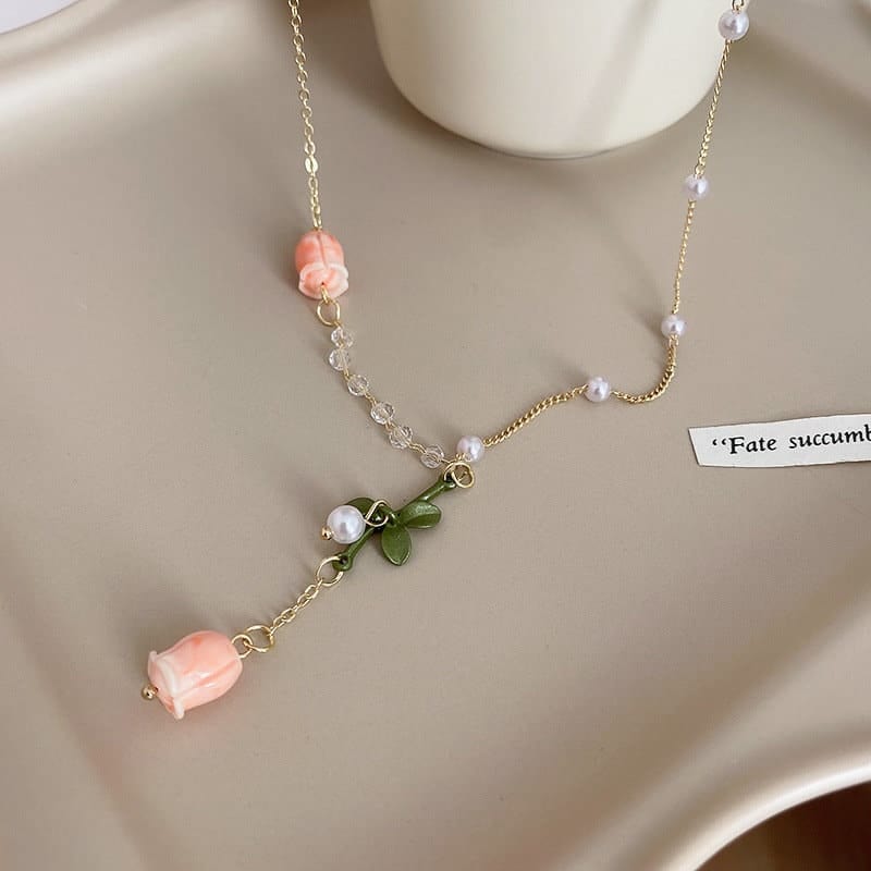 Dainty Handmade Enamel Pink Tulip Chain Necklace – ArtGalleryZen